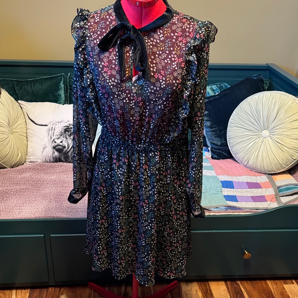 Zara Floral Midi Dress with black velvet neck tie and cuffs